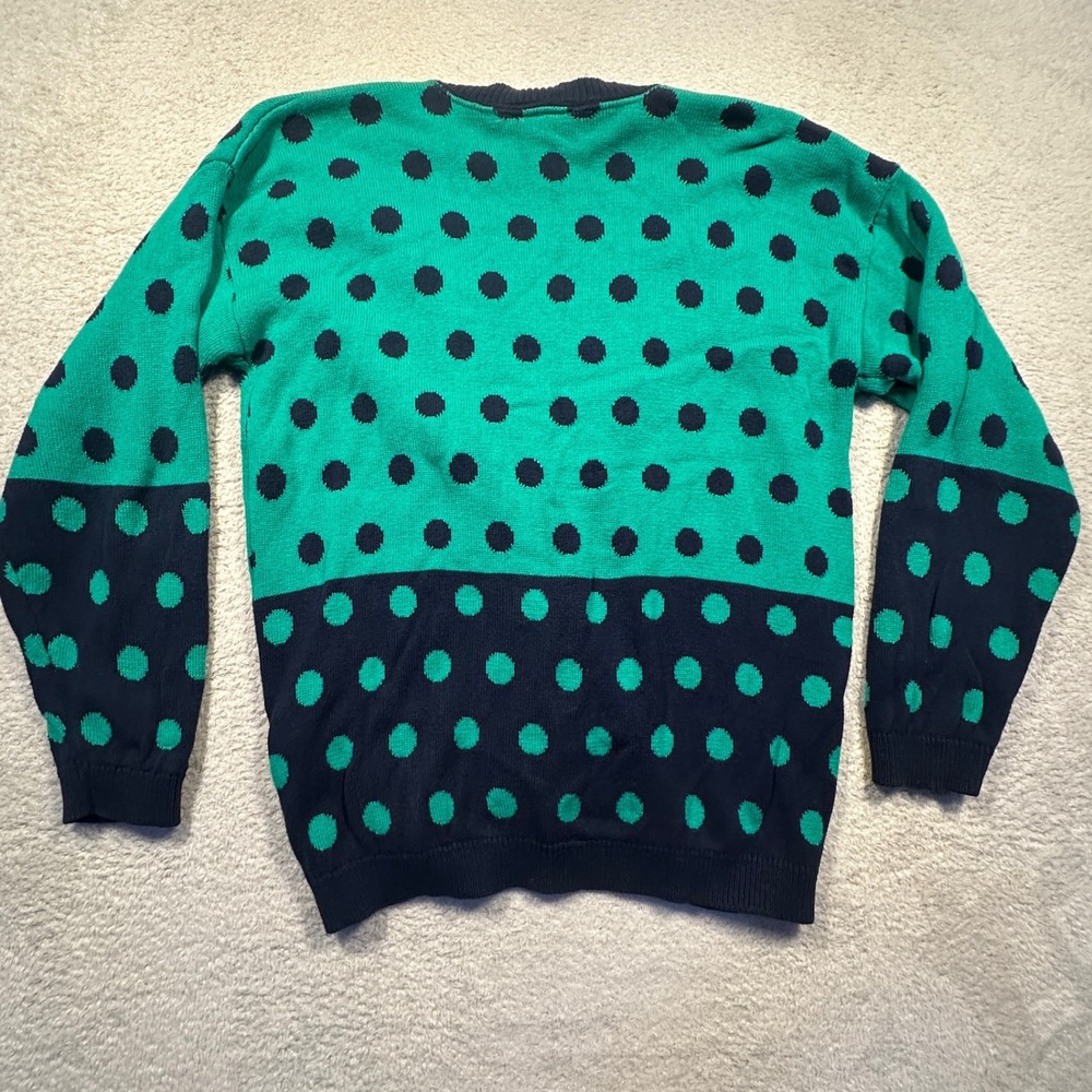 Vintage Sycamore Polka Dot Cotton Cardigan Sweater Green Navy Blue L Made in USA - Picture 2 of 7